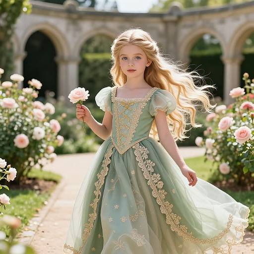 Photograph of a blonde, blue-eyed young girl in a green, lace-embellished dress, holding a pink rose, standing in a sun