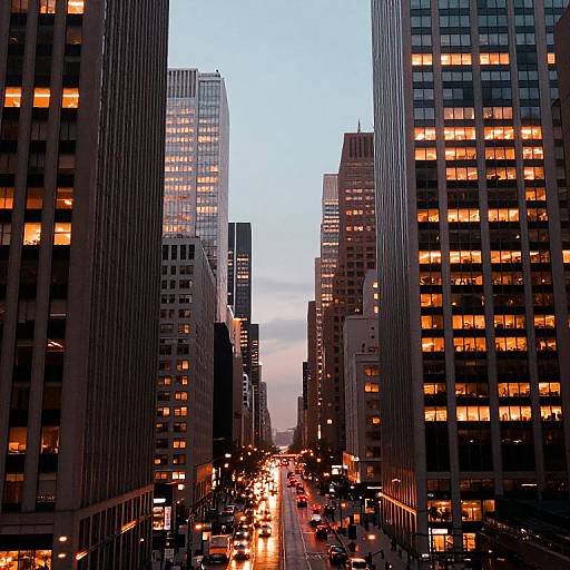 Photograph of a city street at dusk, flanked by tall, lit-up office buildings with glowing windows, traffic lights, and cars below.