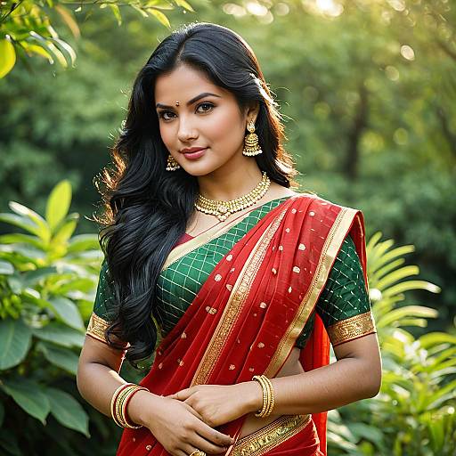 Indian Woman in Traditional Red and Green Saree Outdoors