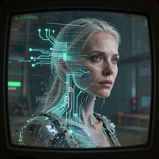 Ethereal Cyberpunk Woman on Dystopian Screen