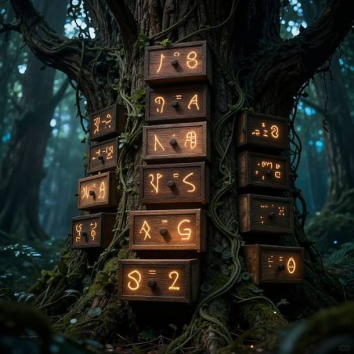 Enchanted forest scene featuring a large tree adorned with wooden, glowing mathematical equation plaques, entwined with vines, under a dim, mystical
