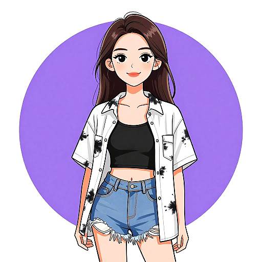 Digital anime-style drawing of a smiling young woman with long brown hair, wearing a black crop top, white floral shirt, and blue frayed shorts,