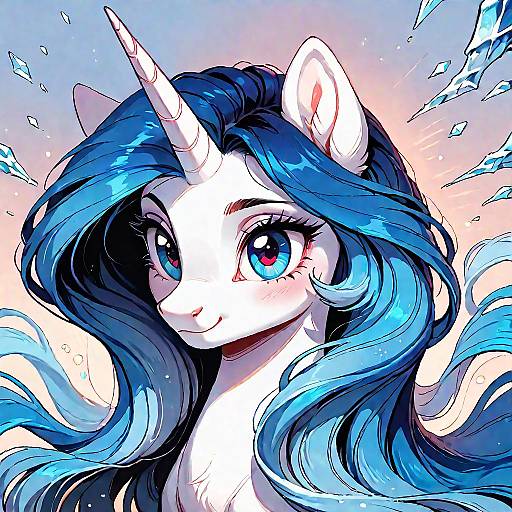 Feminine Ice White Unicorn with Blue Mane