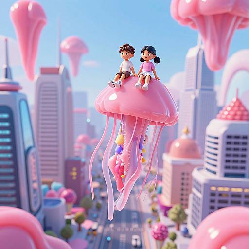 Digital illustration of two anime-style girls sitting on a pink jellyfish in a vibrant, futuristic city with floating jellyfish. Bright colors, playful, and