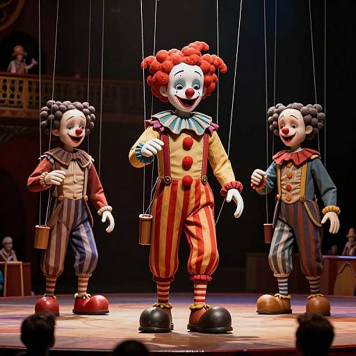 Photograph of three colorful clown puppets on stage, central clown with red hair and striped pants, flanked by two with curly hair.