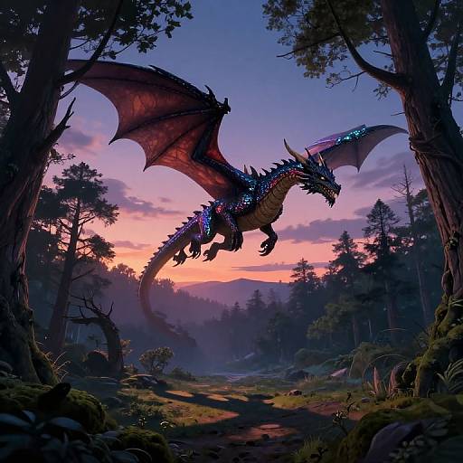 Digital artwork of a majestic, glowing blue and red dragon with large wings soaring through a twilight forest, illuminated by a vibrant pink and purple sunset.