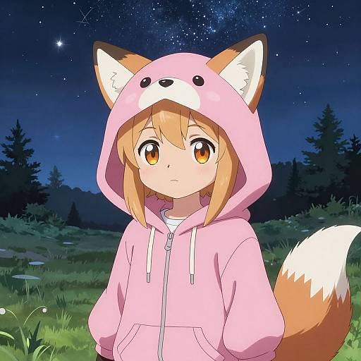 Anime-style digital drawing of a cute girl with brown eyes, wearing a pink fox hoodie with ears and tail, standing in a nighttime forest under a star