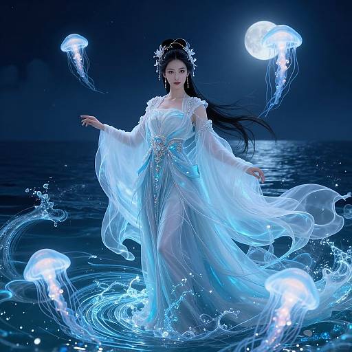 Digital art of a glowing, ethereal Asian woman in a translucent, blue-tinged dress, surrounded by floating jellyfish under a dark, moon