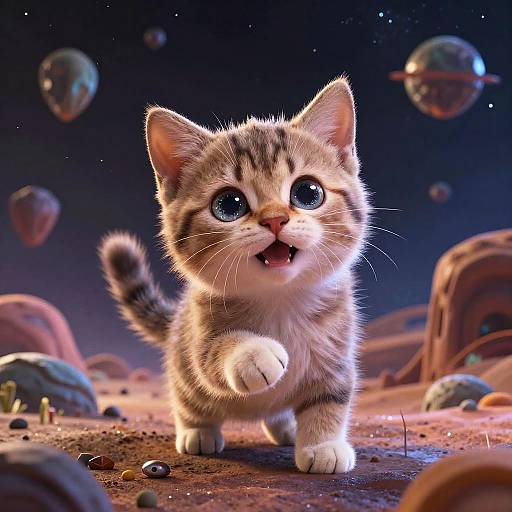 Digital artwork of a cute, wide-eyed, fluffy tabby kitten standing on a rocky, extraterrestrial landscape with floating planets and stars in the night