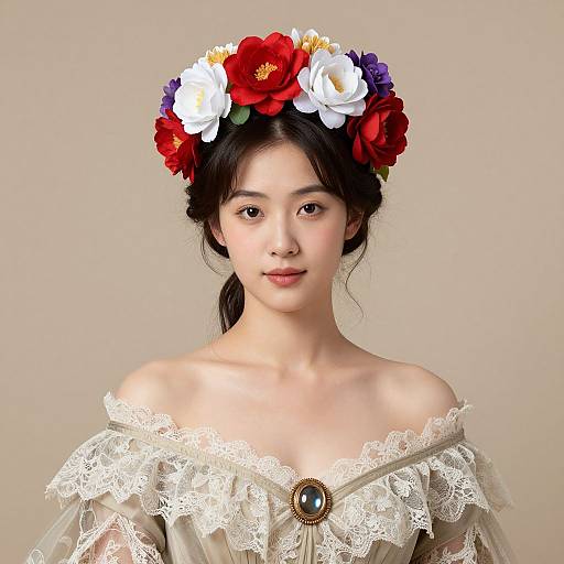 Photograph of an Asian woman with fair skin, wearing an off-shoulder lace dress, adorned with a vibrant flower crown of red, white,