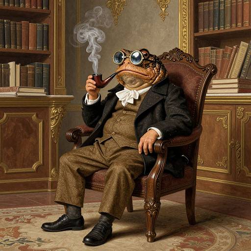 Photograph-style digital art: anthropomorphic frog in Victorian suit, glasses, smoking pipe, seated in ornate library chair, bookshelves in background