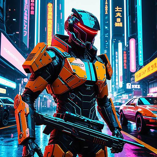 Cybernetic Bounty Hunter in Futuristic City