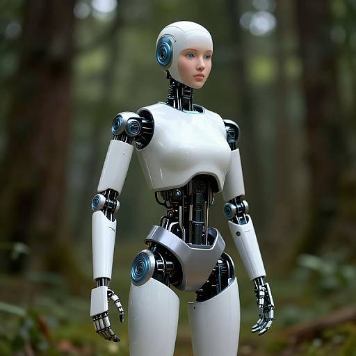 Photorealistic CGI of a white female humanoid robot with blue accents, standing in a blurred forest background, featuring sleek, shiny joints and a calm expression