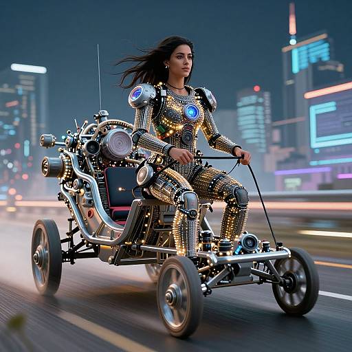 Photorealistic CGI of a woman in glittery, illuminated armor riding a futuristic, chrome motorcycle through a neon-lit city at night.