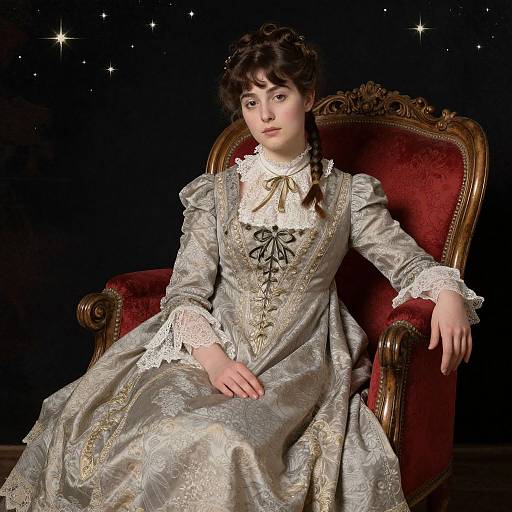Victorian-era photograph of a young woman with fair skin and dark curly hair, wearing an ornate silver-gray lace dress with white lace cuffs, seated