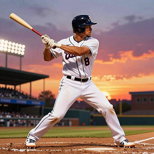 Photograph of a male baseball player in white uniform, dark helmet, and number 8, swinging a bat at sunset in a stadium.
