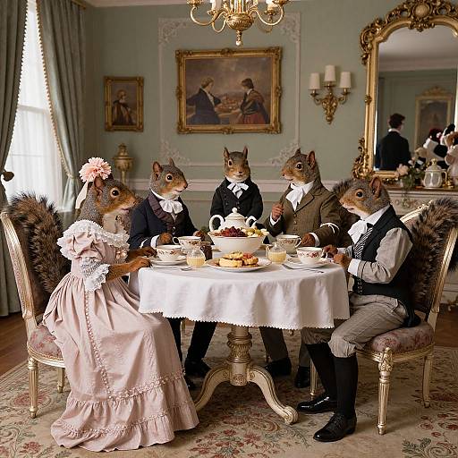 Photograph of four anthropomorphic squirrels in 18th-century attire, dining elegantly in a luxurious, vintage-style room with ornate decor.