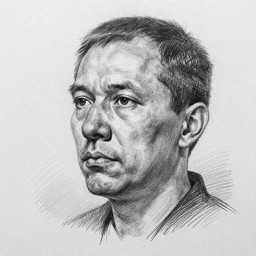 Detailed black-and-white pencil drawing of a middle-aged man with short hair, serious expression, slightly wrinkled face, and plain shirt.