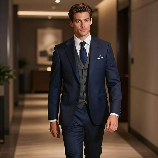 Man in Dark Blue Suit Walking in Hallway