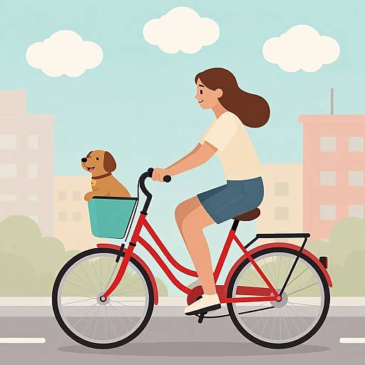 Illustration of a smiling brown-haired woman in a white shirt and blue shorts riding a red bicycle with a happy brown dog in a front basket, set