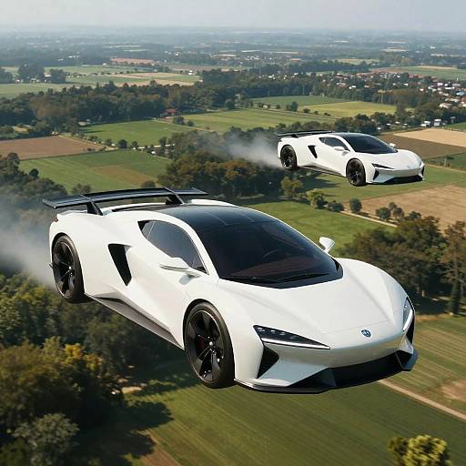 Futuristic Winged Cars Over Countryside