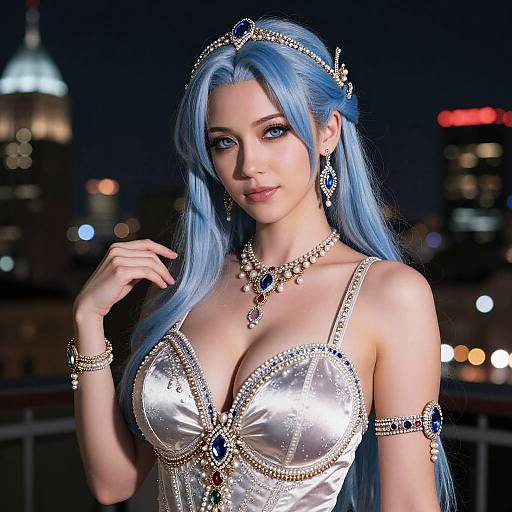 Digital artwork of a stunning woman with long blue hair, wearing an elaborate silver and blue gown, adorned with jewelry, against a nighttime cityscape background.
