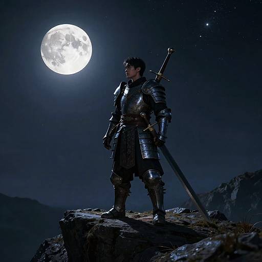 Photograph of a medieval knight in full armor, standing on a rocky ledge under a bright full moon, holding a sword with a starry night sky