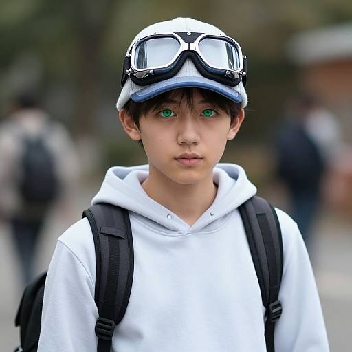 Photograph of a young boy with green eyes, wearing a white hoodie, black backpack, and white helmet with goggles, standing outdoors with a blurred background