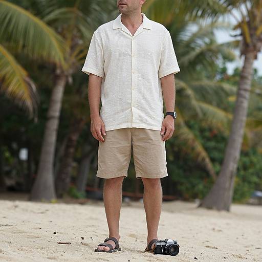 Photograph of a man in a white short-sleeve shirt, beige shorts, black sandals, and watch standing on a tropical beach with palm trees