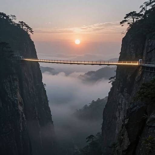 Photograph of a narrow, illuminated suspension bridge between two towering, mist-covered cliffs at sunrise, with a serene, foggy valley below.