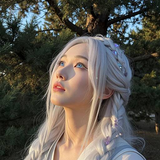 Photograph of a young woman with long, platinum blonde hair in braids, blue eyes, fair skin, wearing a white top, looking up in