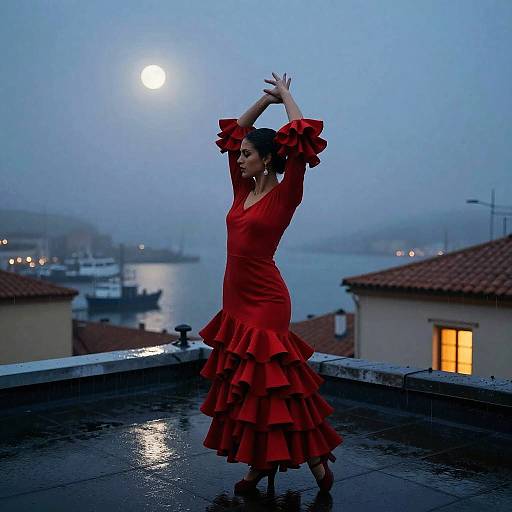 Flamenco Dancer on Rain-Dappled Rooftop