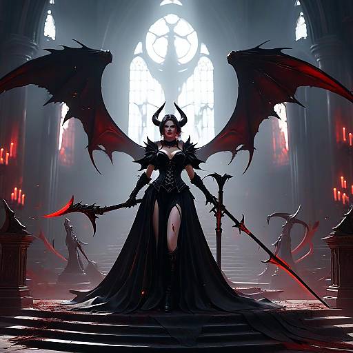 Digital artwork of a dark, gothic demon queen with black wings, horns, and a revealing black gown, holding a red sword in a misty