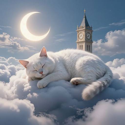 Photorealistic digital art of a white cat sleeping on a fluffy cloud under a crescent moon, with a clock tower in the blue sky background.
