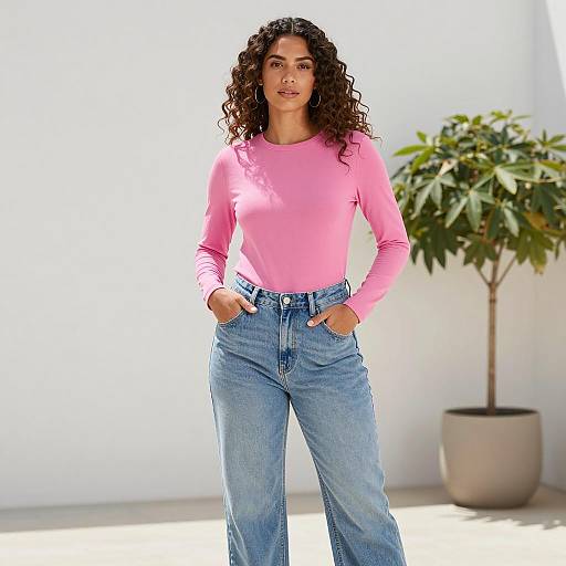 Young Woman in Pink Long-Sleeve Top and Jeans