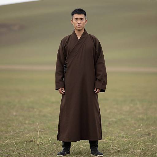Photograph of a serious young Asian man with short black hair, wearing a long brown traditional robe, standing in a grassy field.
