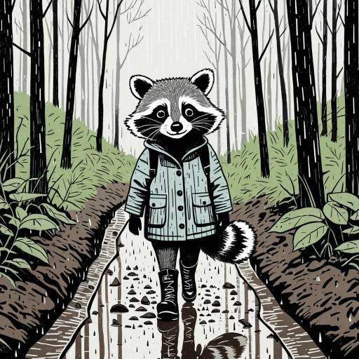 Raccoon in Rain Boots on Muddy Forest Path