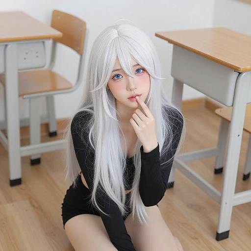 Young Woman Kneeling in Bright Classroom
