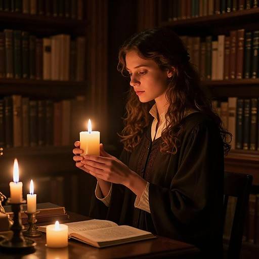 Photograph of a woman with long, wavy brown hair, wearing a dark robe, gently holding a candle, illuminated by multiple candles in a dim