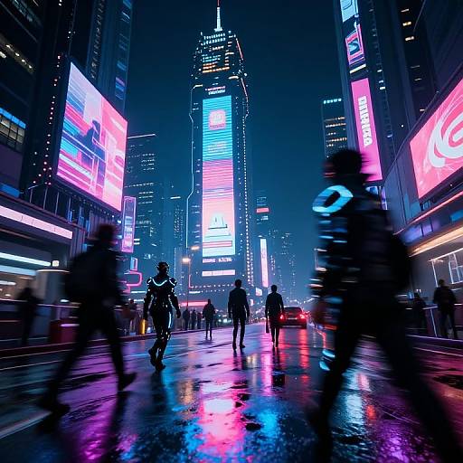 Neon-lit, rainy city night scene photograph: Blurred pedestrians walk past towering skyscrapers with vibrant, colorful digital billboards reflecting on wet