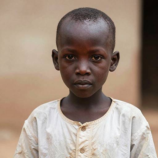 Photograph of a young, dark-skinned African boy with short hair, wearing a white, button-up shirt, looking directly at the camera against a