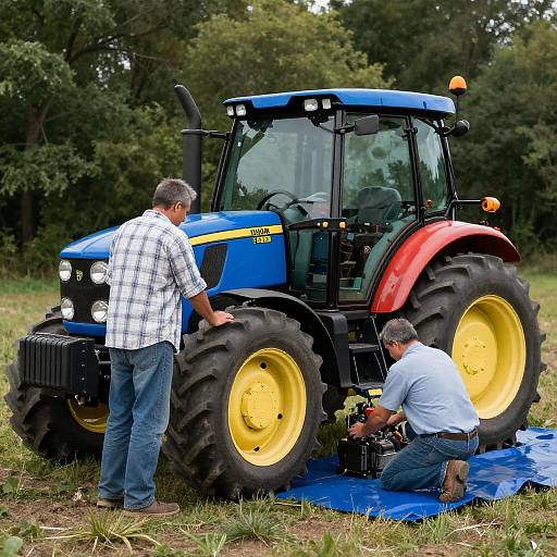 Two Men Repairing John Deere Tractor