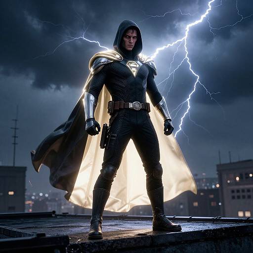 Photorealistic digital artwork of a muscular superhero with glowing lightning, black hooded cloak, metallic armor, standing on a rooftop under stormy sky.