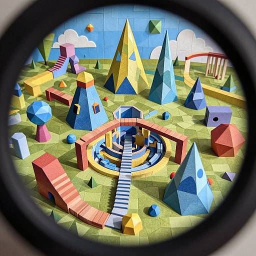 Whimsical 3D geometric landscape with colorful pyramids, cones, and steps viewed through a circular lens, featuring a central water fountain. Digital
