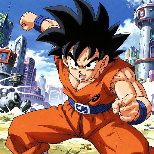 Digital anime artwork of Goku, a muscular, black-haired, orange-outfit-wearing character, in a dynamic fighting stance against a futuristic cityscape background