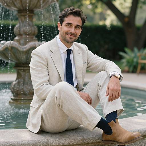 Photograph of a smiling man with dark hair, wearing a white suit, navy tie, and tan boots, sitting by a fountain.