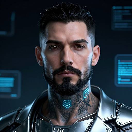 CGI photograph of a bearded, tattooed man with dark hair, futuristic armor, glowing blue neck tattoo, and intense gaze, against a dark