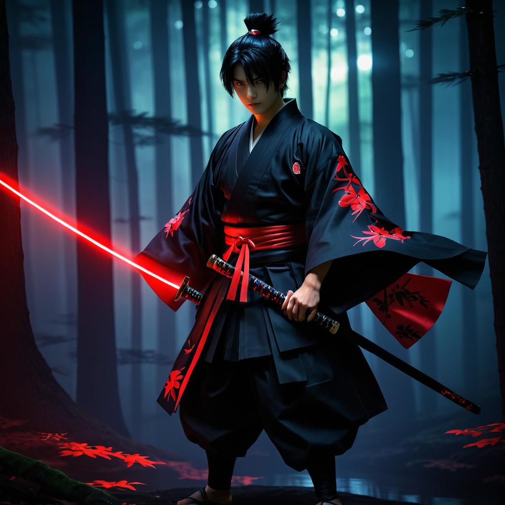 Dark Samurai in a Haunting Forest