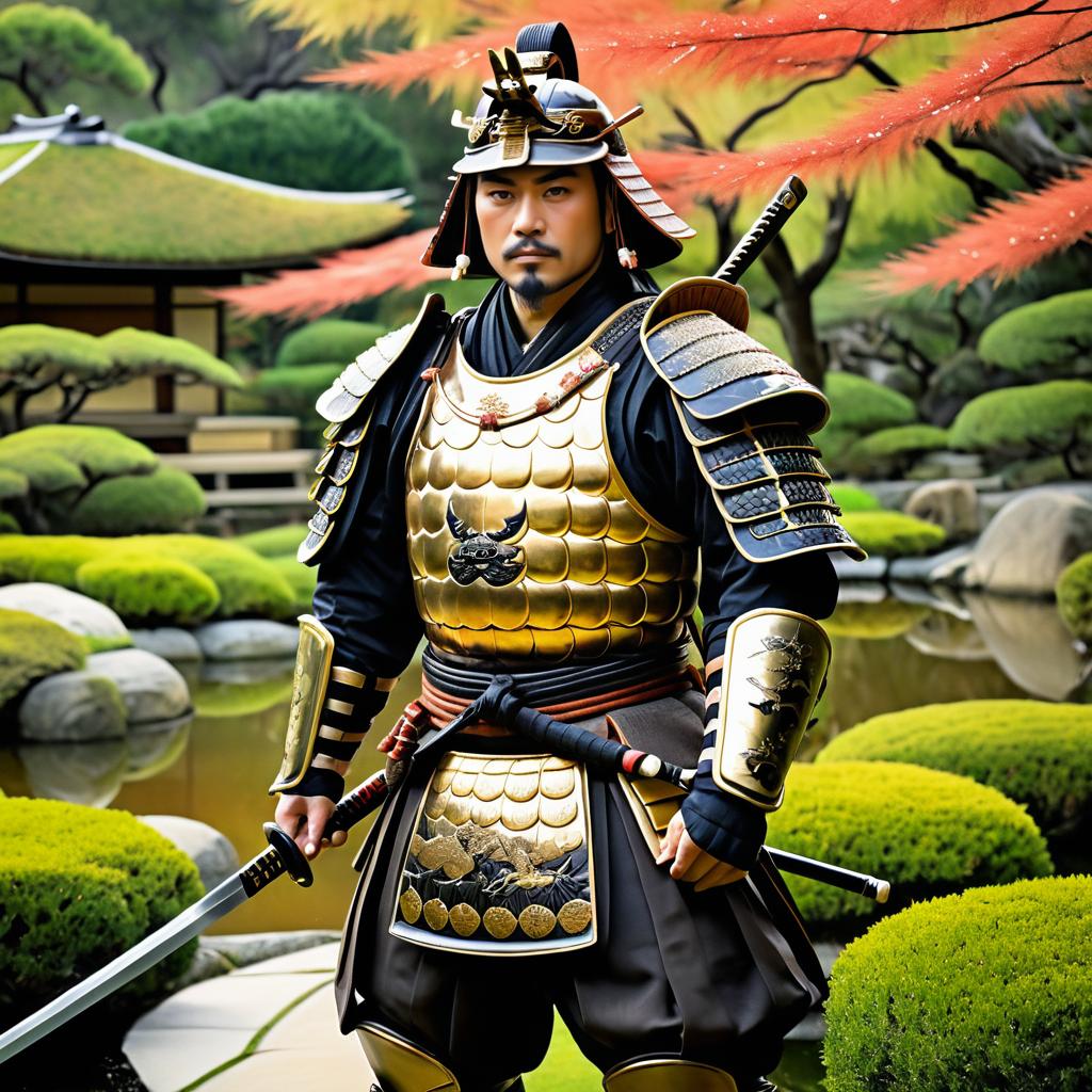 Fierce Samurai in Serene Japanese Garden