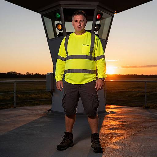 Photograph of a serious male traffic controller in a bright yellow reflective shirt, black shorts, and boots, standing in front of a control tower at sunset